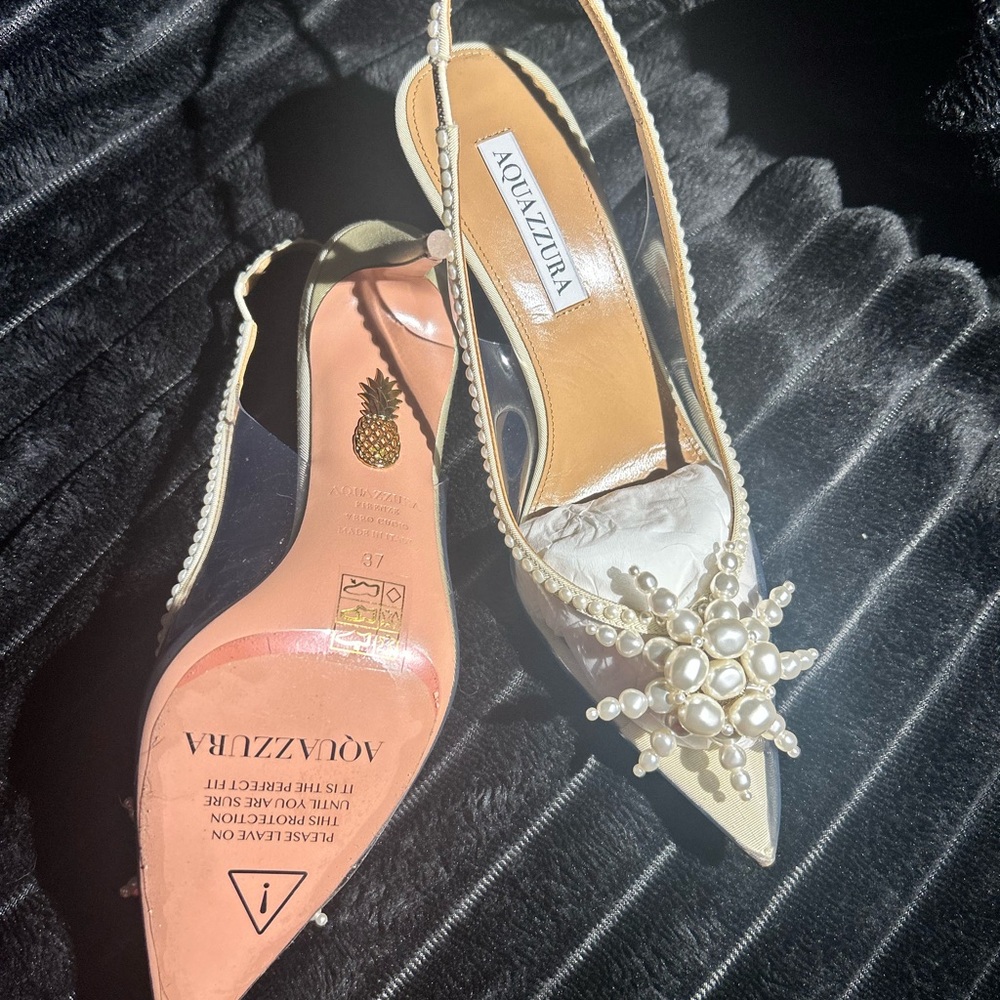 Aquazzura Ivory Pearl Embellished Slingback Heels